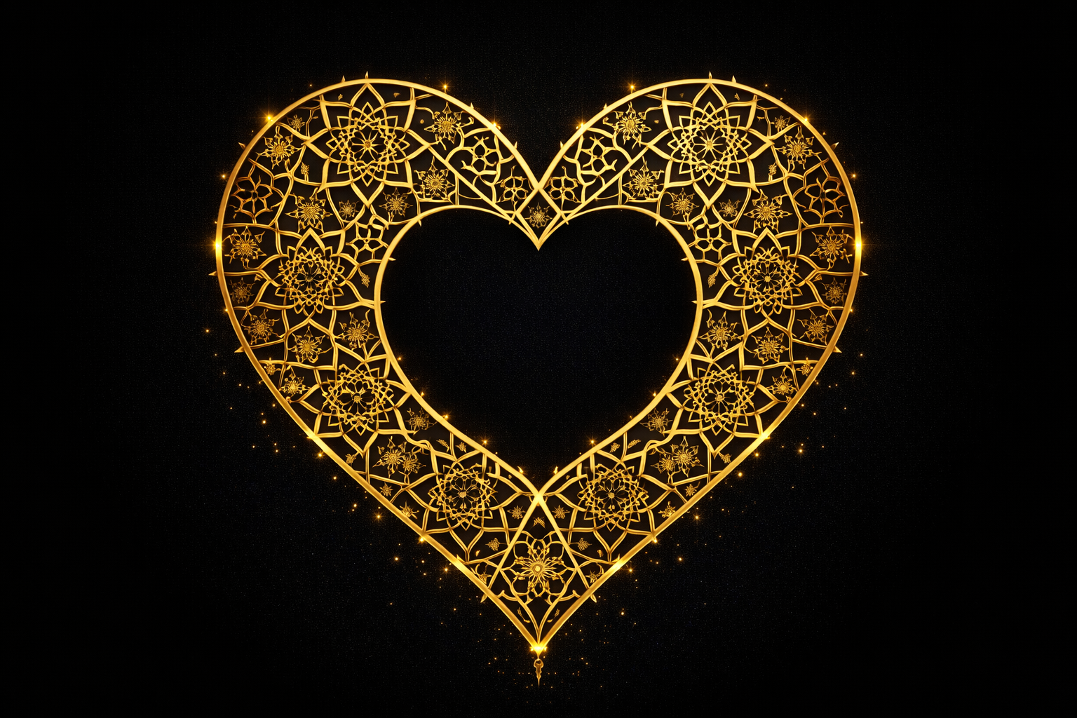 Golden Islamic geometric arabesque pattern forming a heart silhouette on dark background -- La ilaha illallah There is no god but Allah Islamic wallpaper HD
